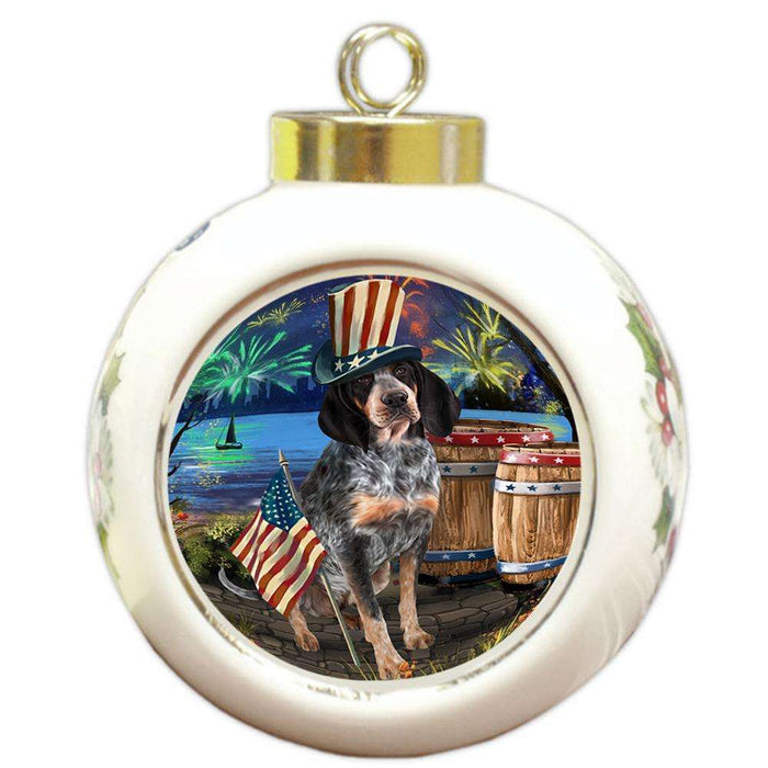 4th of July Independence Day Fireworks Bluetick Coonhound Dog at the Lake Round Ball Christmas Ornament RBPOR51108