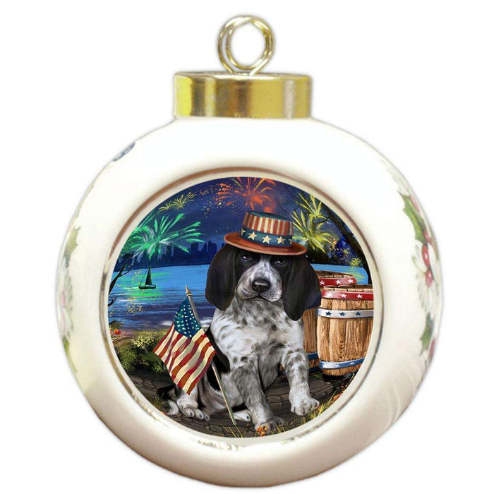 4th of July Independence Day Fireworks Bluetick Coonhound Dog at the Lake Round Ball Christmas Ornament RBPOR51109