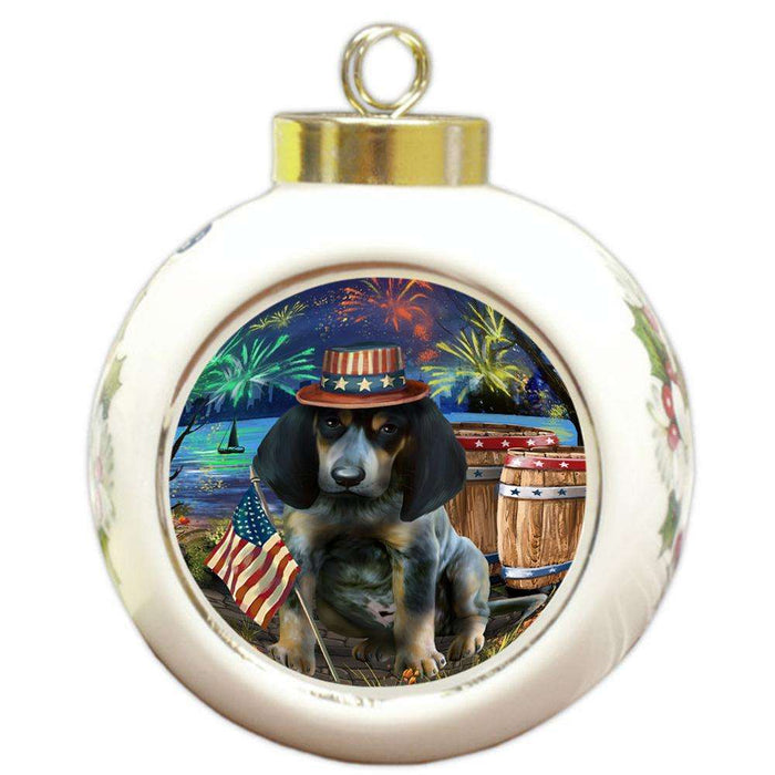 4th of July Independence Day Fireworks Bluetick Coonhound Dog at the Lake Round Ball Christmas Ornament RBPOR51111