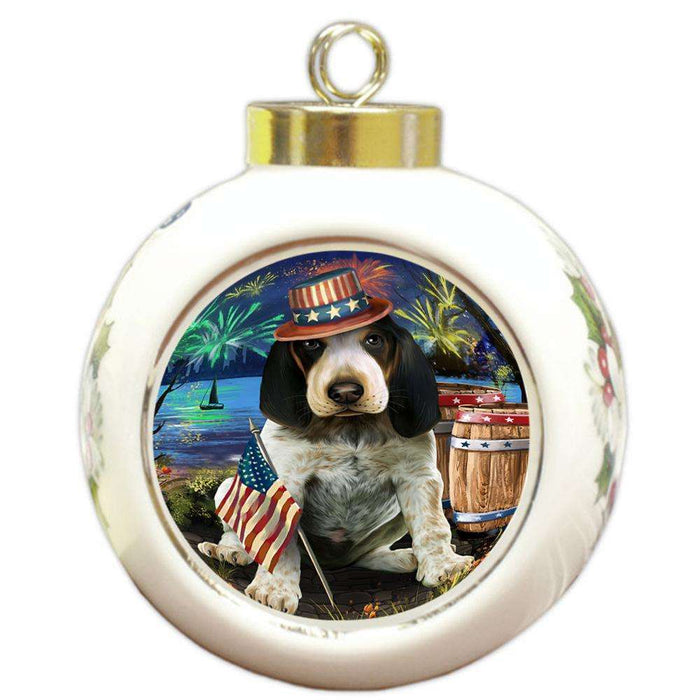 4th of July Independence Day Fireworks Bluetick Coonhound Dog at the Lake Round Ball Christmas Ornament RBPOR51112