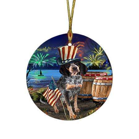 4th of July Independence Day Fireworks Bluetick Coonhound Dog at the Lake Round Flat Christmas Ornament RFPOR51099