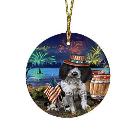4th of July Independence Day Fireworks Bluetick Coonhound Dog at the Lake Round Flat Christmas Ornament RFPOR51100