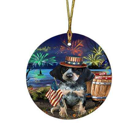 4th of July Independence Day Fireworks Bluetick Coonhound Dog at the Lake Round Flat Christmas Ornament RFPOR51101