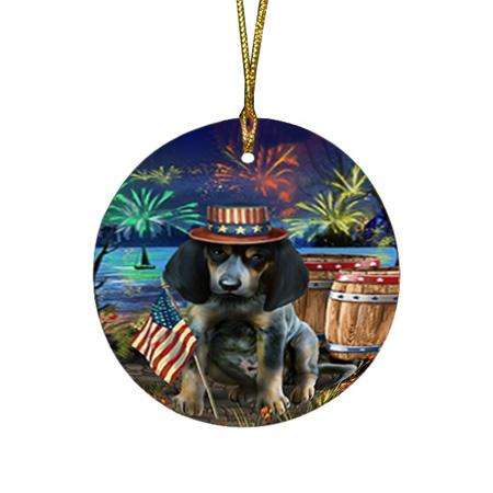 4th of July Independence Day Fireworks Bluetick Coonhound Dog at the Lake Round Flat Christmas Ornament RFPOR51102