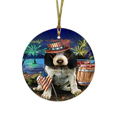 4th of July Independence Day Fireworks Bluetick Coonhound Dog at the Lake Round Flat Christmas Ornament RFPOR51103