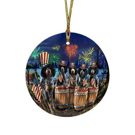 4th of July Independence Day Fireworks Bluetick Coonhounds at the Lake Round Flat Christmas Ornament RFPOR51009