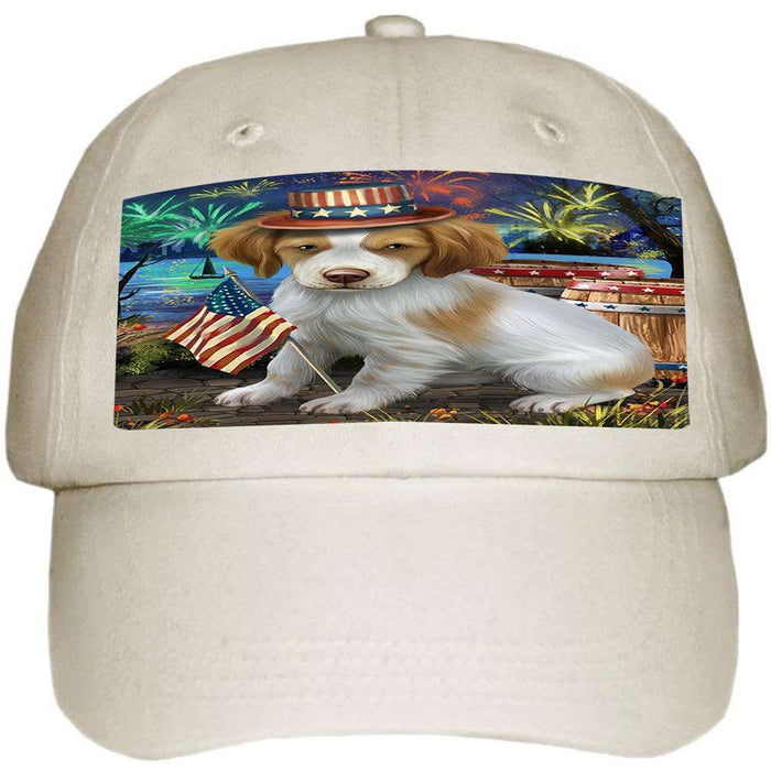 4th of July Independence Day Fireworks Brittany Spaniel Dog at the Lake Ball Hat Cap HAT56529