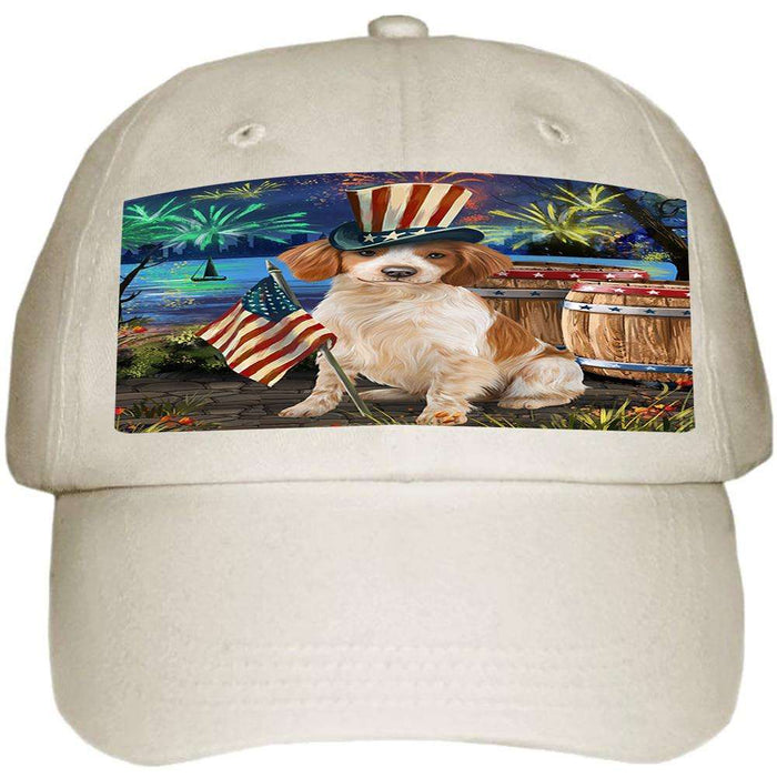 4th of July Independence Day Fireworks Brittany Spaniel Dog at the Lake Ball Hat Cap HAT56541
