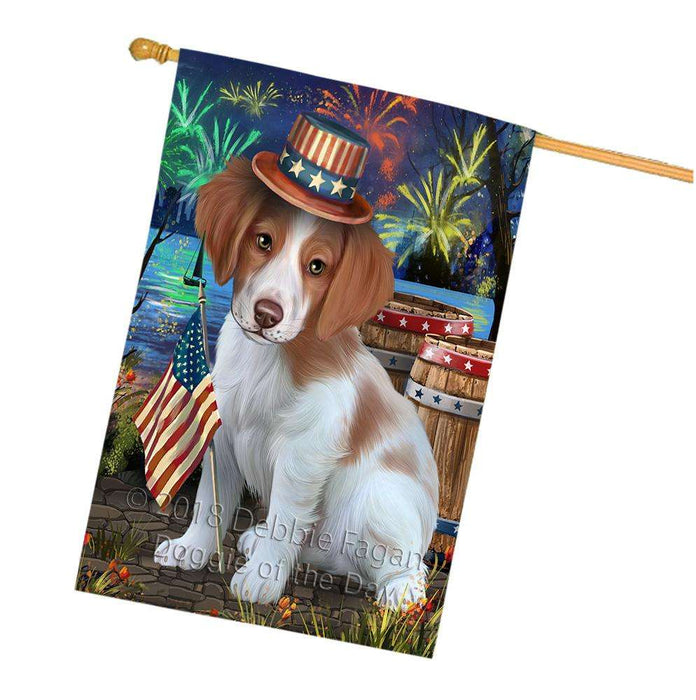4th of July Independence Day Fireworks Brittany Spaniel Dog at the Lake House Flag FLG50991