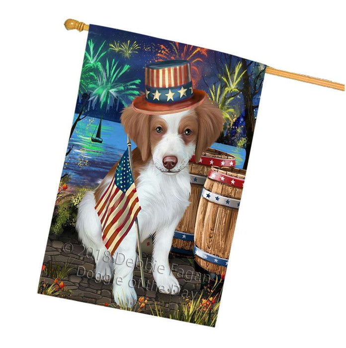 4th of July Independence Day Fireworks Brittany Spaniel Dog at the Lake House Flag FLG50992