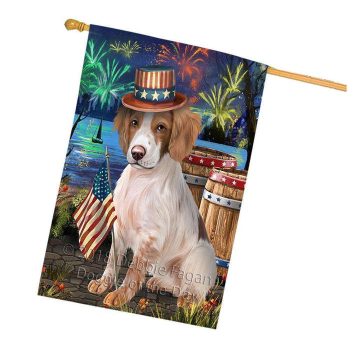 4th of July Independence Day Fireworks Brittany Spaniel Dog at the Lake House Flag FLG50993