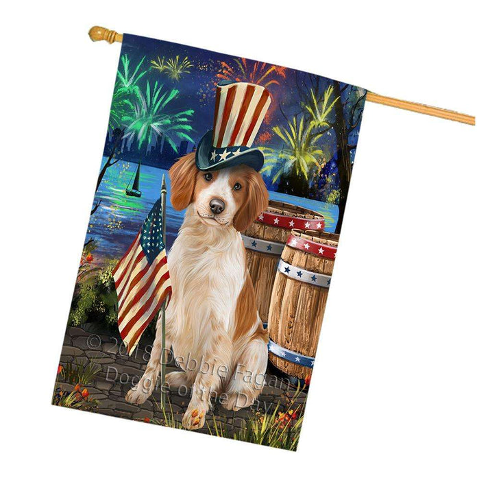 4th of July Independence Day Fireworks Brittany Spaniel Dog at the Lake House Flag FLG50994