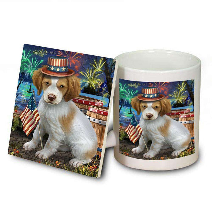 4th of July Independence Day Fireworks Brittany Spaniel Dog at the Lake Mug and Coaster Set MUC50924