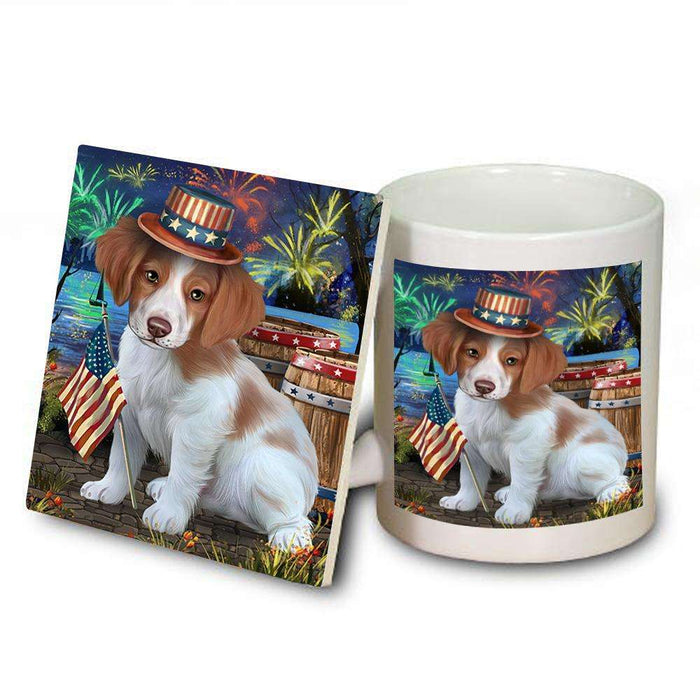 4th of July Independence Day Fireworks Brittany Spaniel Dog at the Lake Mug and Coaster Set MUC50925