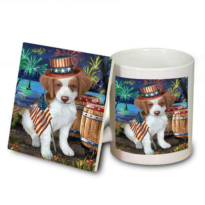 4th of July Independence Day Fireworks Brittany Spaniel Dog at the Lake Mug and Coaster Set MUC50926