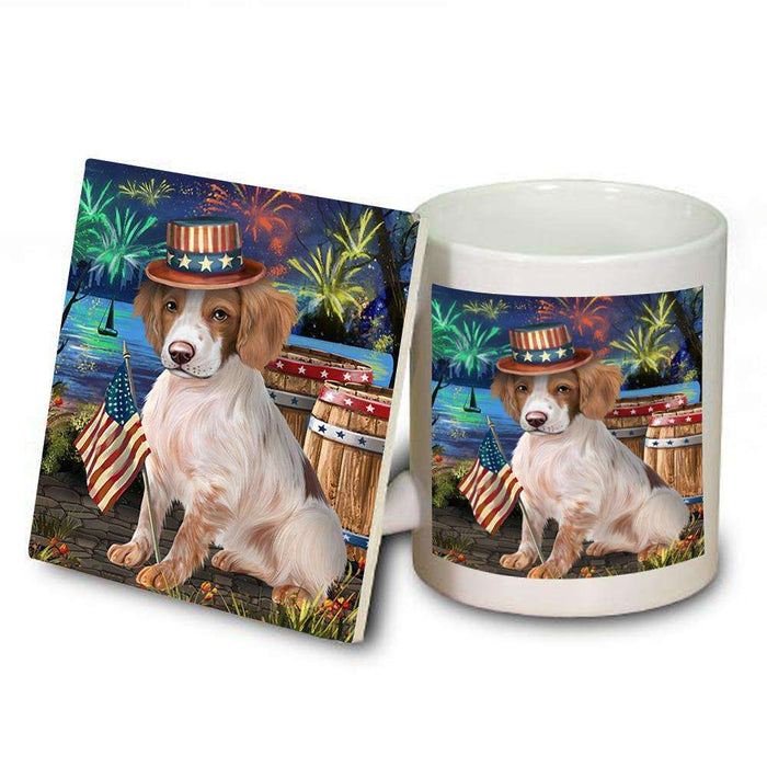 4th of July Independence Day Fireworks Brittany Spaniel Dog at the Lake Mug and Coaster Set MUC50927