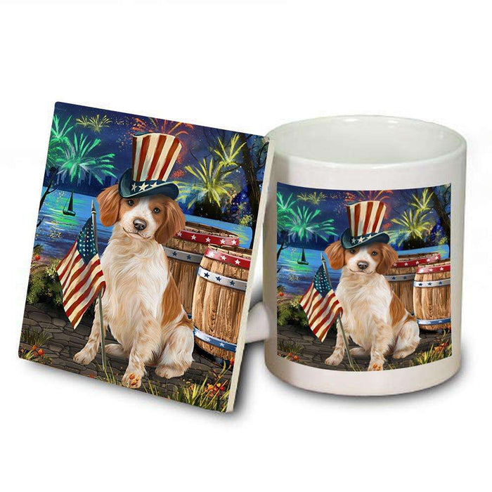 4th of July Independence Day Fireworks Brittany Spaniel Dog at the Lake Mug and Coaster Set MUC50928