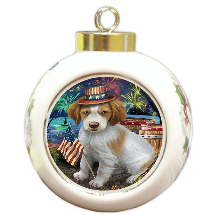 4th of July Independence Day Fireworks Brittany Spaniel Dog at the Lake Round Ball Christmas Ornament RBPOR50932