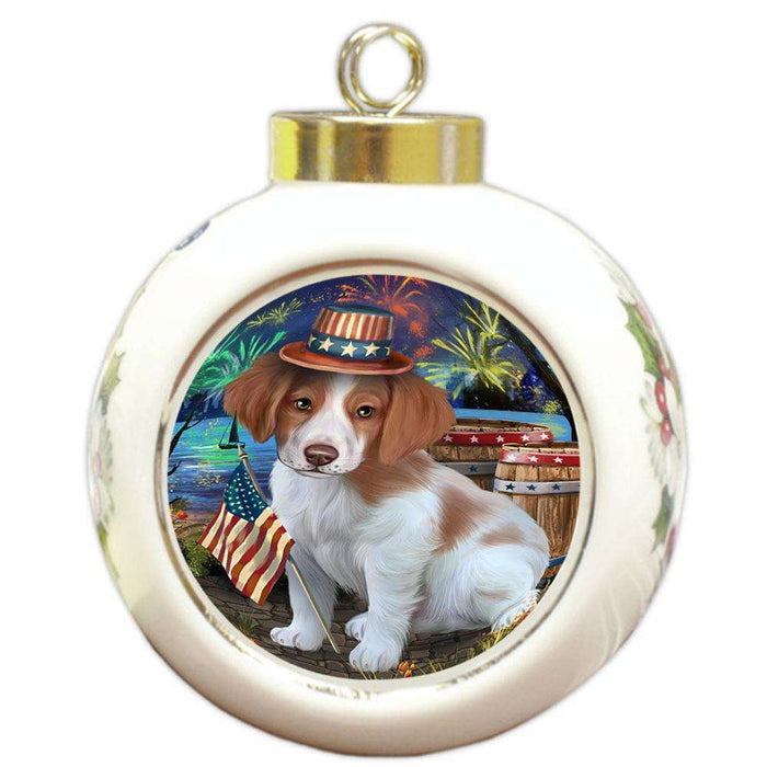 4th of July Independence Day Fireworks Brittany Spaniel Dog at the Lake Round Ball Christmas Ornament RBPOR50933