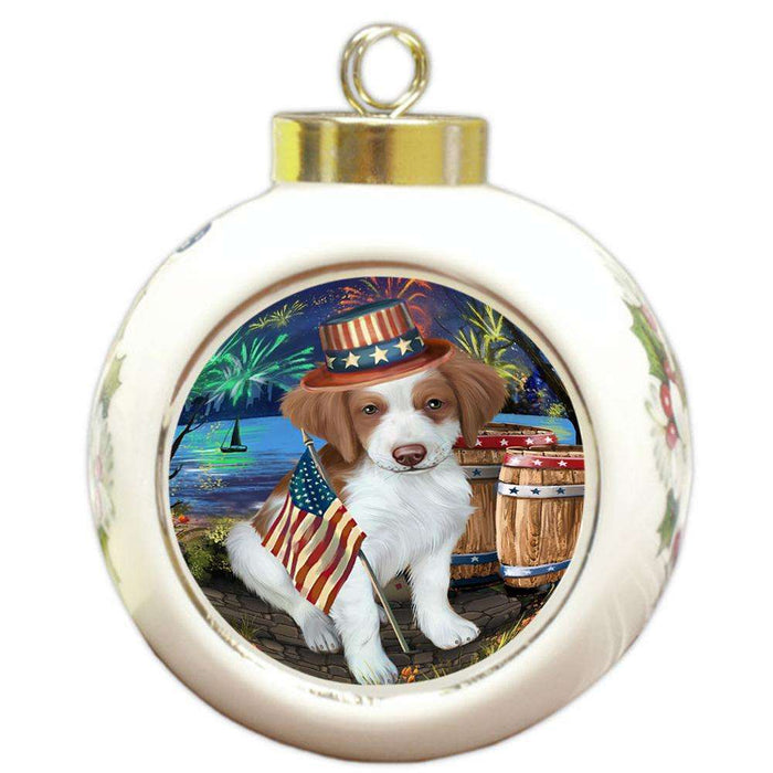 4th of July Independence Day Fireworks Brittany Spaniel Dog at the Lake Round Ball Christmas Ornament RBPOR50934