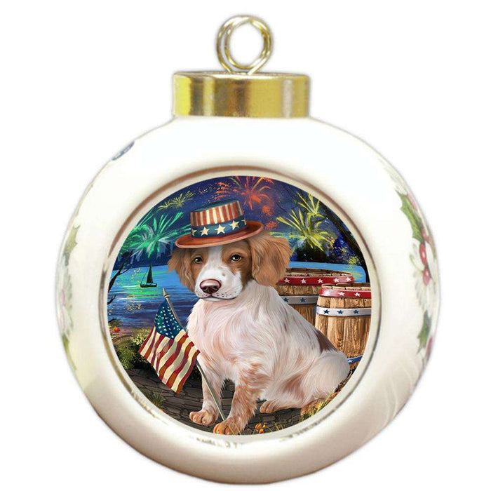4th of July Independence Day Fireworks Brittany Spaniel Dog at the Lake Round Ball Christmas Ornament RBPOR50935