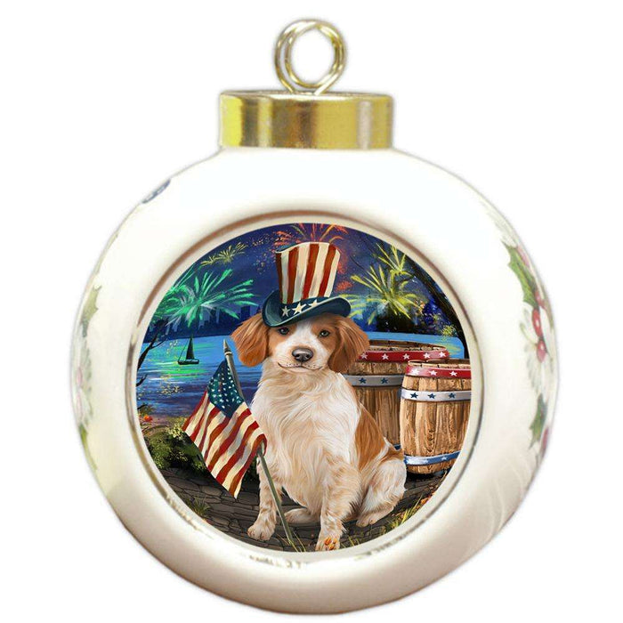 4th of July Independence Day Fireworks Brittany Spaniel Dog at the Lake Round Ball Christmas Ornament RBPOR50936