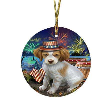 4th of July Independence Day Fireworks Brittany Spaniel Dog at the Lake Round Flat Christmas Ornament RFPOR50923