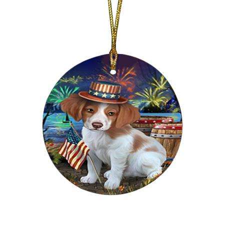 4th of July Independence Day Fireworks Brittany Spaniel Dog at the Lake Round Flat Christmas Ornament RFPOR50924
