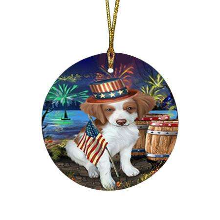 4th of July Independence Day Fireworks Brittany Spaniel Dog at the Lake Round Flat Christmas Ornament RFPOR50925