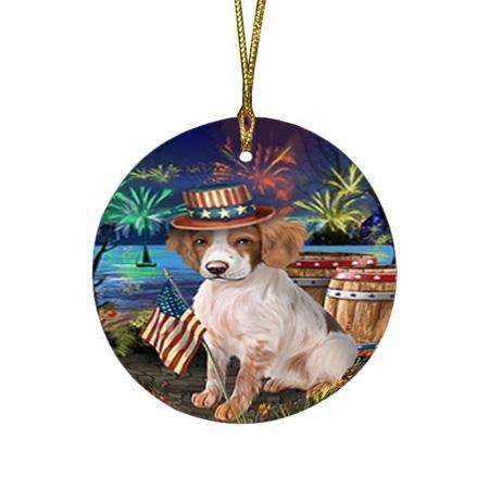 4th of July Independence Day Fireworks Brittany Spaniel Dog at the Lake Round Flat Christmas Ornament RFPOR50926