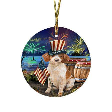 4th of July Independence Day Fireworks Brittany Spaniel Dog at the Lake Round Flat Christmas Ornament RFPOR50927