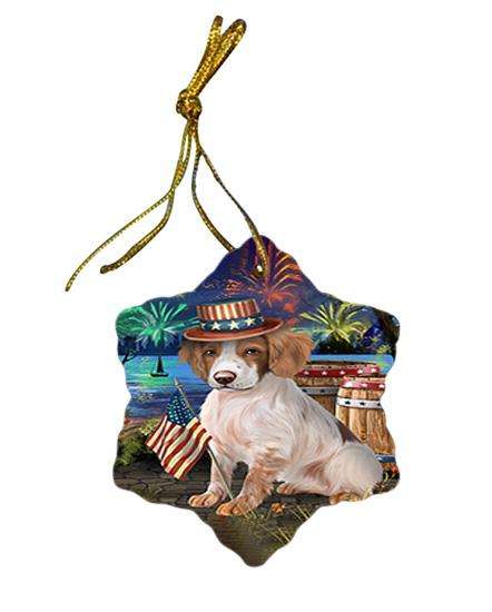 4th of July Independence Day Fireworks Brittany Spaniel Dog at the Lake Star Porcelain Ornament SPOR50927