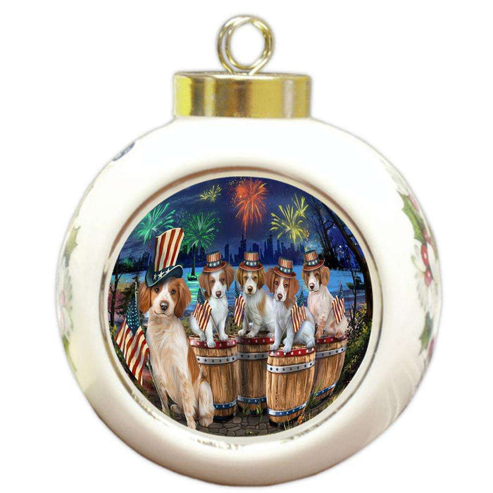 4th of July Independence Day Fireworks Brittany Spaniels at the Lake Round Ball Christmas Ornament RBPOR51019