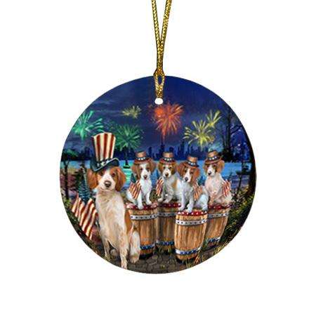 4th of July Independence Day Fireworks Brittany Spaniels at the Lake Round Flat Christmas Ornament RFPOR51010