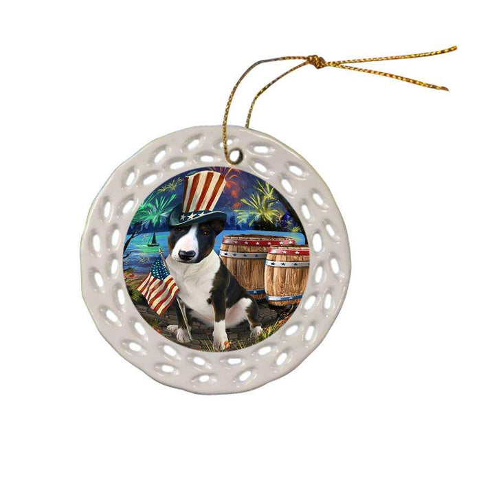 4th of July Independence Day Fireworks Bull Terrier Dog at the Lake Ceramic Doily Ornament DPOR51113