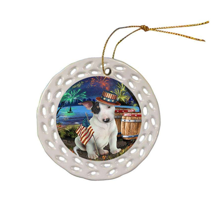 4th of July Independence Day Fireworks Bull Terrier Dog at the Lake Ceramic Doily Ornament DPOR51114