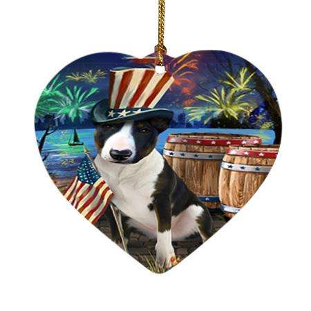 4th of July Independence Day Fireworks Bull Terrier Dog at the Lake Heart Christmas Ornament HPOR51113
