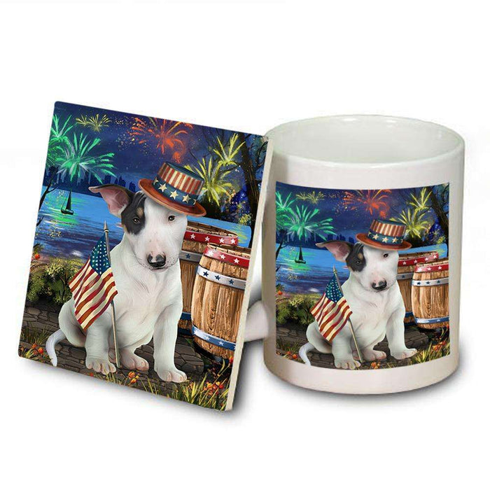 4th of July Independence Day Fireworks Bull Terrier Dog at the Lake Mug and Coaster Set MUC51106