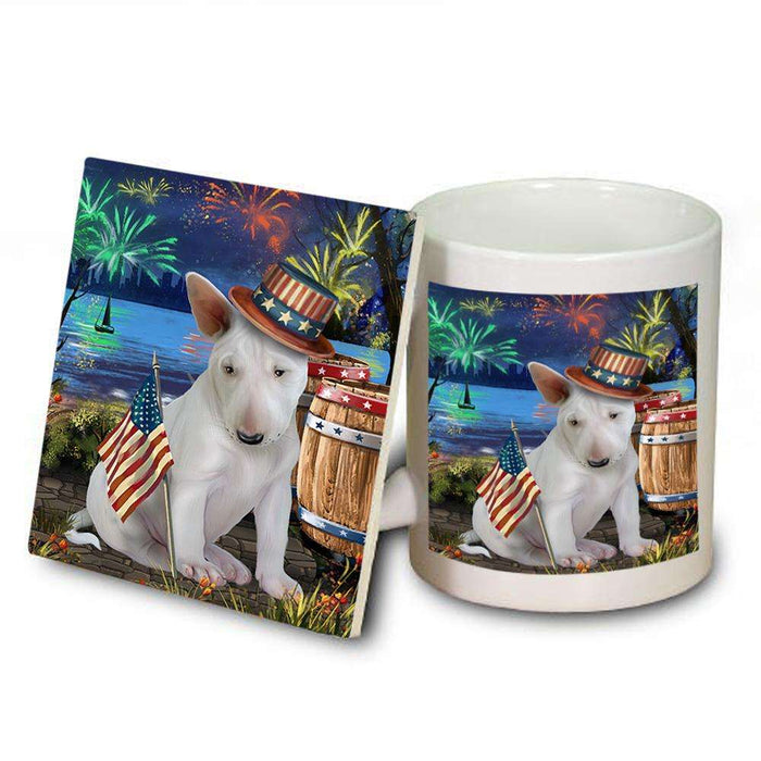 4th of July Independence Day Fireworks Bull Terrier Dog at the Lake Mug and Coaster Set MUC51107