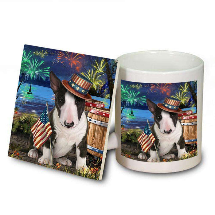 4th of July Independence Day Fireworks Bull Terrier Dog at the Lake Mug and Coaster Set MUC51108