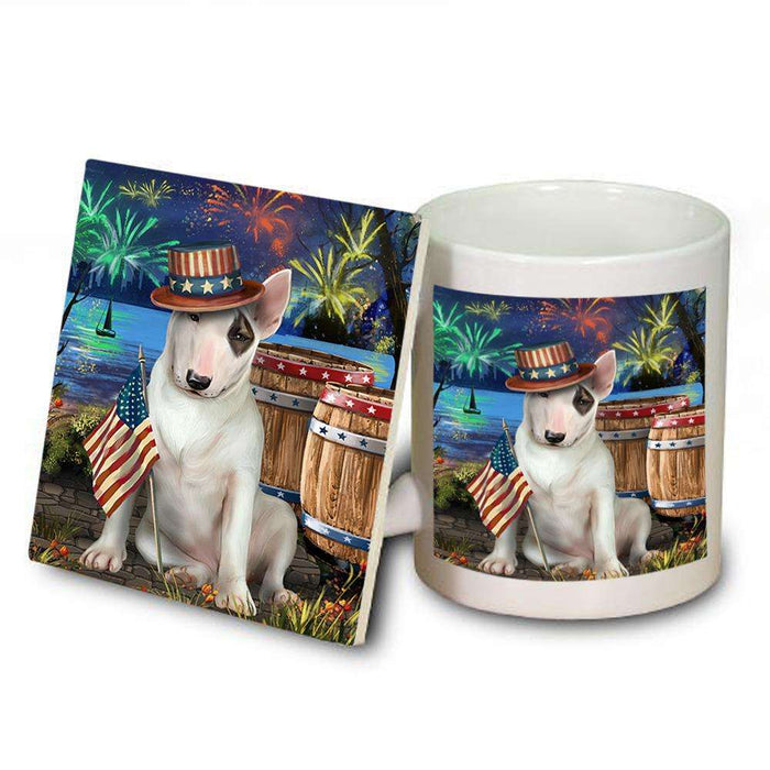 4th of July Independence Day Fireworks Bull Terrier Dog at the Lake Mug and Coaster Set MUC51109
