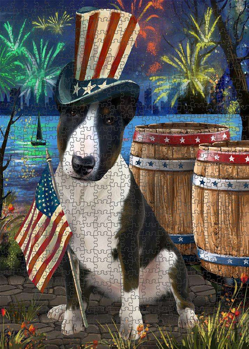 4th of July Independence Day Fireworks Bull Terrier Dog at the Lake Puzzle with Photo Tin PUZL57201