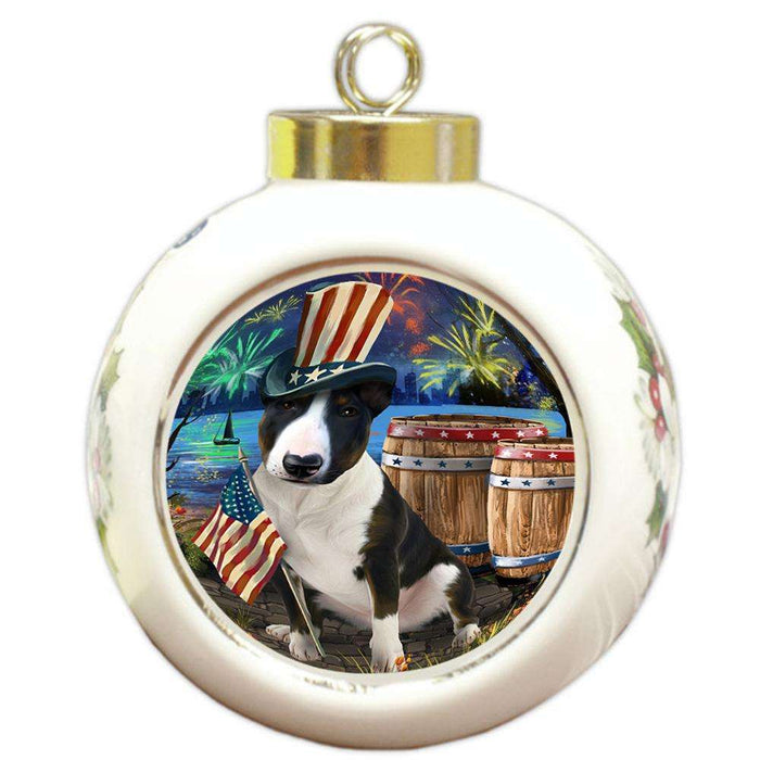 4th of July Independence Day Fireworks Bull Terrier Dog at the Lake Round Ball Christmas Ornament RBPOR51113