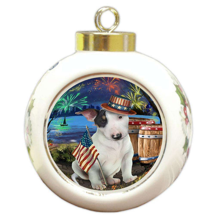 4th of July Independence Day Fireworks Bull Terrier Dog at the Lake Round Ball Christmas Ornament RBPOR51114