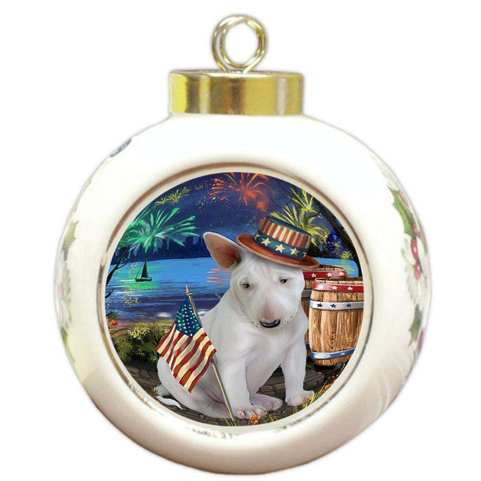 4th of July Independence Day Fireworks Bull Terrier Dog at the Lake Round Ball Christmas Ornament RBPOR51115