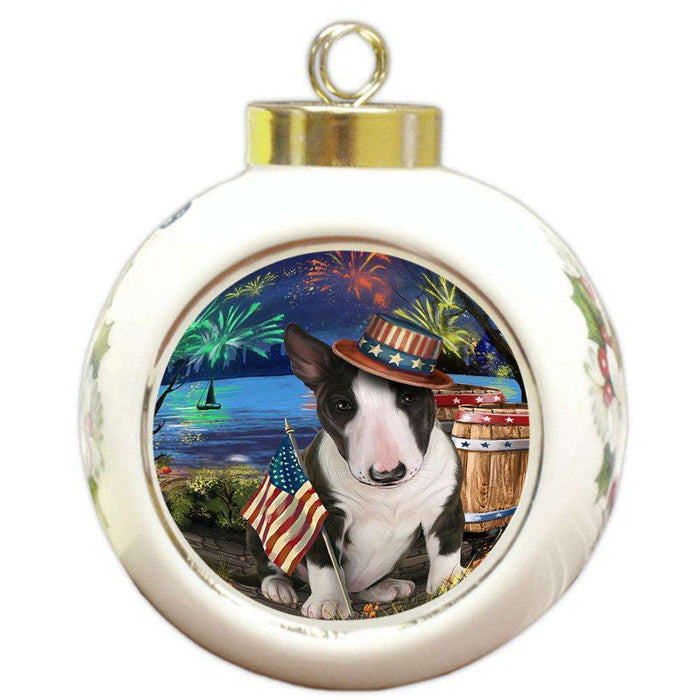 4th of July Independence Day Fireworks Bull Terrier Dog at the Lake Round Ball Christmas Ornament RBPOR51116