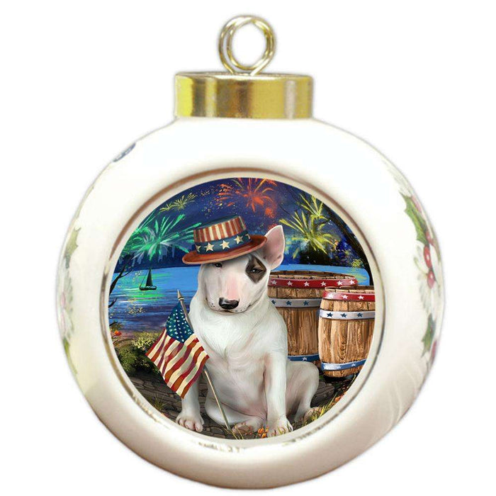 4th of July Independence Day Fireworks Bull Terrier Dog at the Lake Round Ball Christmas Ornament RBPOR51117