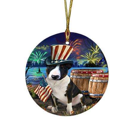 4th of July Independence Day Fireworks Bull Terrier Dog at the Lake Round Flat Christmas Ornament RFPOR51104