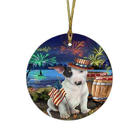 4th of July Independence Day Fireworks Bull Terrier Dog at the Lake Round Flat Christmas Ornament RFPOR51105