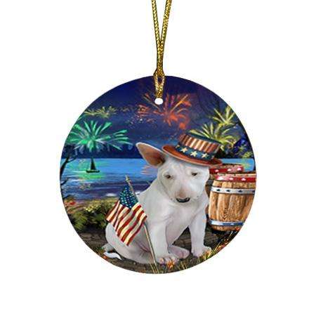 4th of July Independence Day Fireworks Bull Terrier Dog at the Lake Round Flat Christmas Ornament RFPOR51106